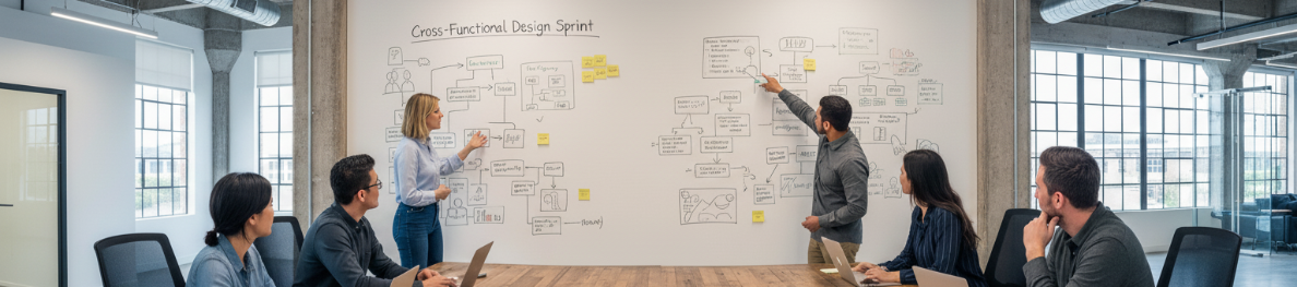 Team clustered around a wall of sticky notes during a workshop