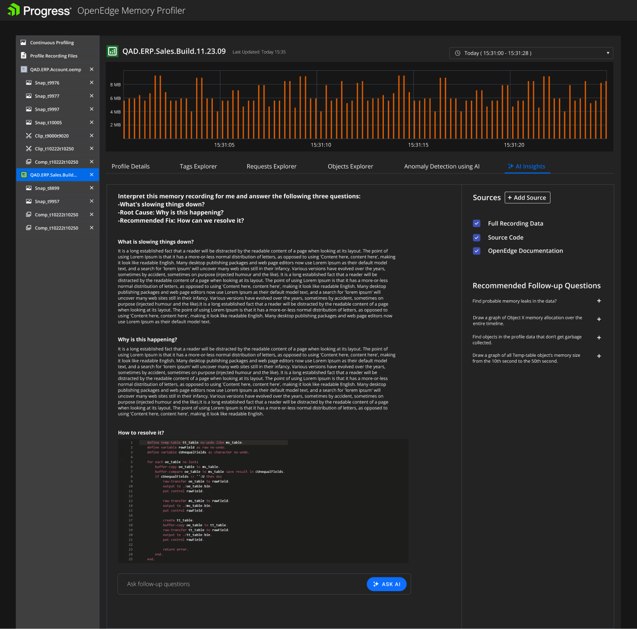 OpenEdge Memory Profiler AI Insights tab showing an interpreted memory recording with answers on what's slowing things down, why, and how to resolve it, plus sources and recommended follow-up questions