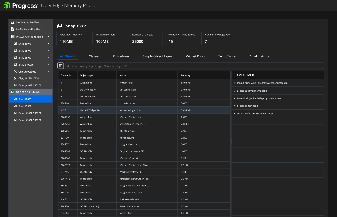OpenEdge Memory Profiler: Snap_t8899 object list with object type, name, memory and call stack