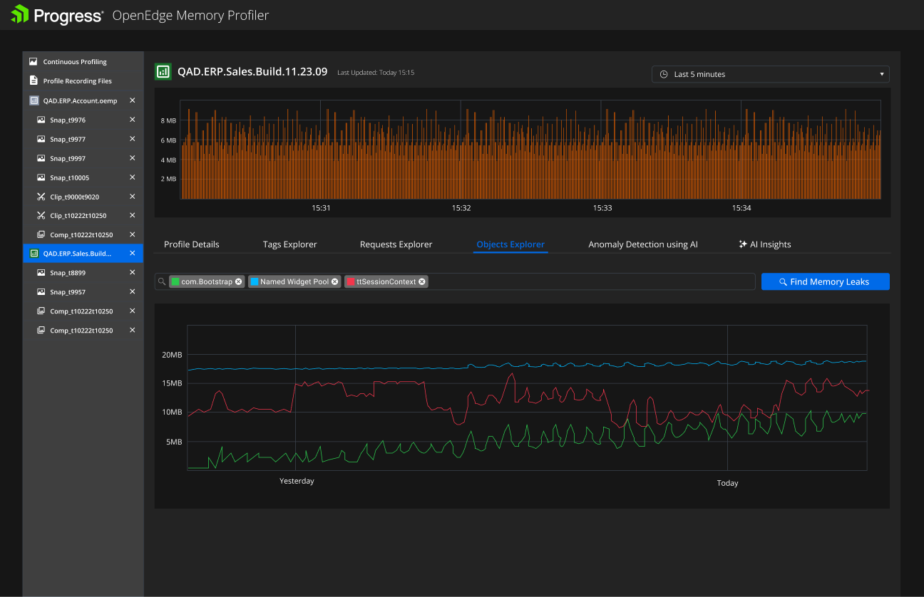 Objects Explorer: memory usage per object over time, with a Find Memory Leaks action