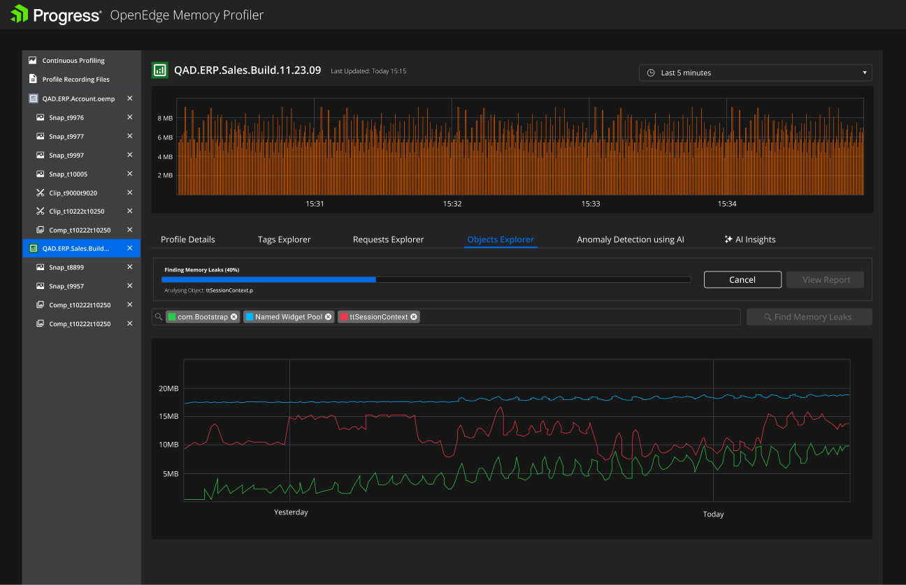 Objects Explorer: Finding Memory Leaks progress bar analysing objects, with Cancel and View Report actions