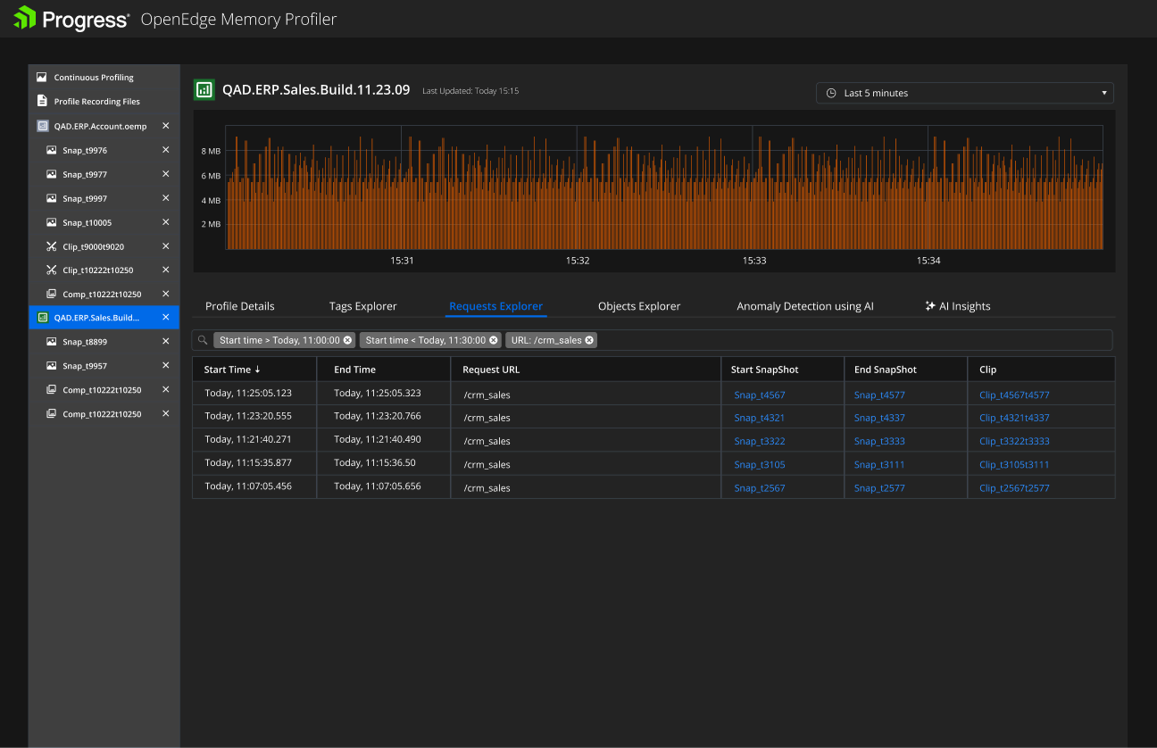 Requests Explorer: list of requests with start and end snapshot links