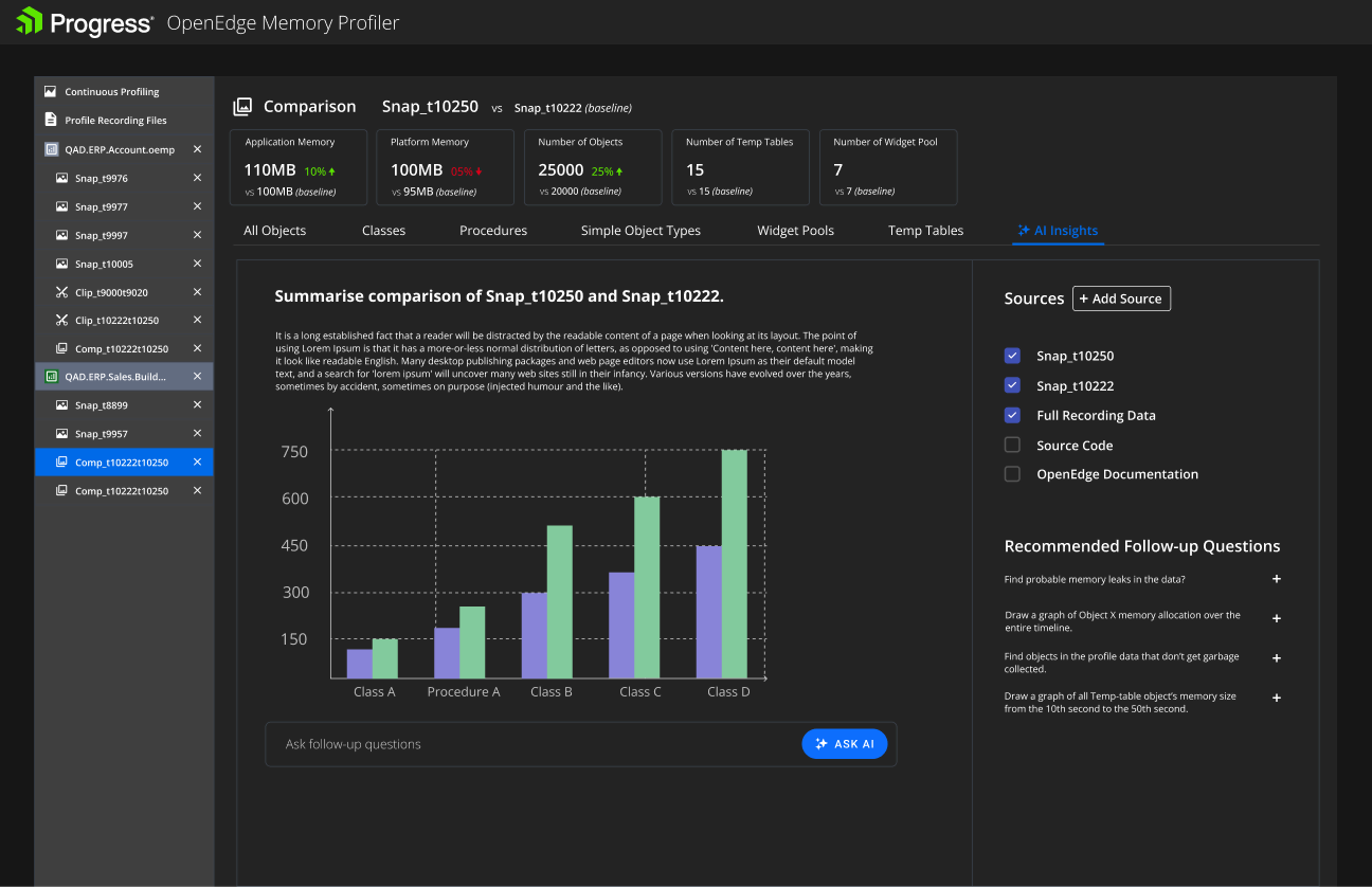 OpenEdge Memory Profiler: AI Insights comparing two snapshots with a summary and recommended follow-up questions