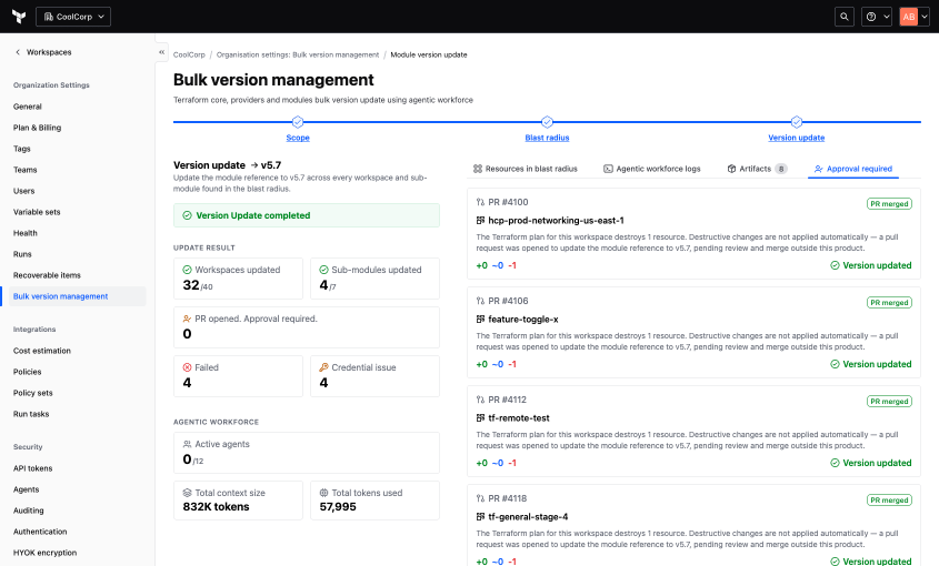 Approval required screen listing pull requests opened per workspace, each awaiting merge