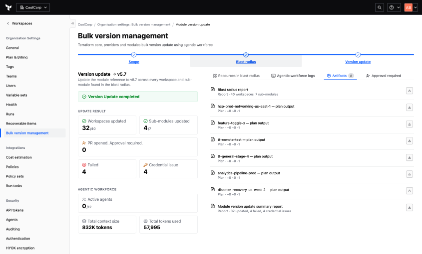 Artifacts screen listing downloadable plan outputs and summary reports for the upgrade run