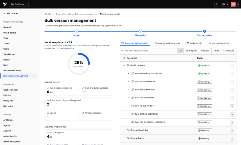 Version update in progress: 25% complete, 6 of 40 workspaces updated