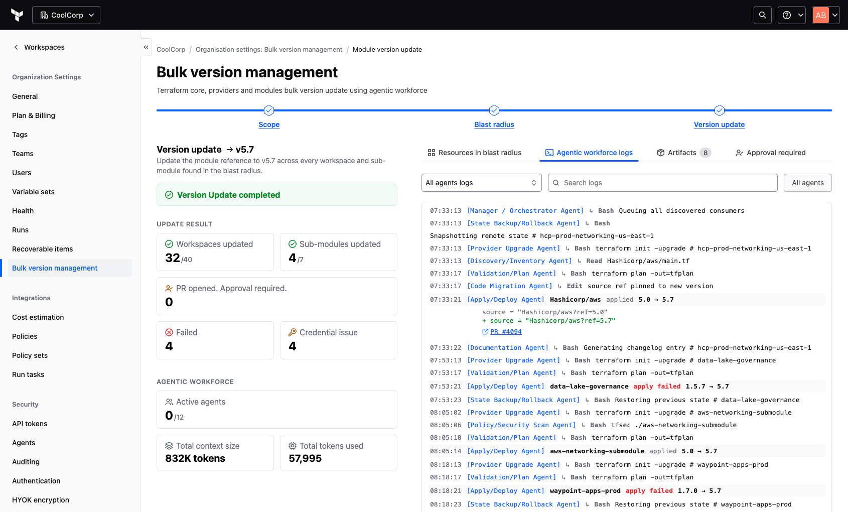 Bulk version management: version update completed, 32 of 40 workspaces updated via agentic workforce